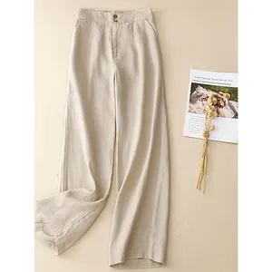 2024 Women Cotton Casual Pants Nine-point Wood Button Straight Leg Wide Leg Linen Pants For Women Summer