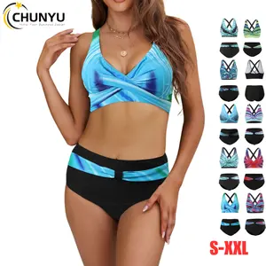 Women's Tummy Control 2 Piece Cross Swimsuits High Waisted Plus Size Bikini Sets Underwire Printing Push Up Tankini Swimwear