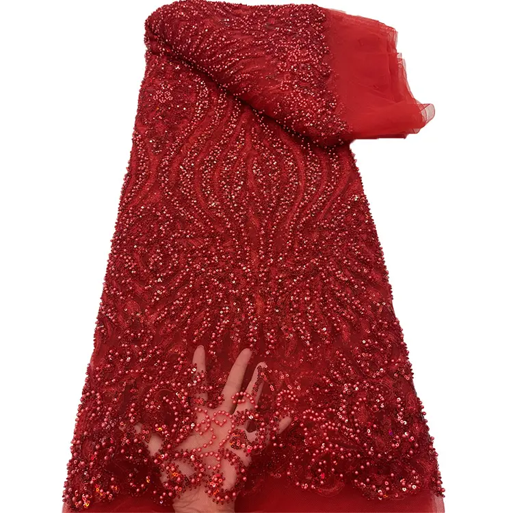 Mini Order Red Glitter Lace Stoff 5 yards Braut spitze Großhandel Perlen Pailletten Stickerei Schnürsenkel für Kleidung Frauen