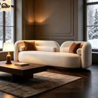 Canapé trois places OKF en tissu bouclé blanc crème, forme ronde, accoudoirs rembourrés, style minimaliste, meubles de salon, villa