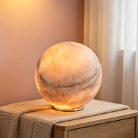 Lampe de table sphérique en albâtre naturel avec base en aluminium, lumière d'ambiance LED chaude pour chambre, bureau, salon