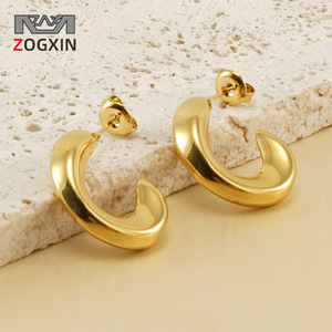 Zogxin C-Shaped Hoop Earrings Gold Steel Color Geometric Design For Women Party Fashion Jewelry - Product Image 1