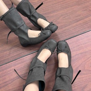 Botas Planas de Media Pantorrilla con Punta Cuadrada y Decoración de Lazo, Parte Superior de PU de Color Sólido, Suela de Goma, Cómodas y Fáciles de Poner, para Todas las Temporadas - Product Image 1