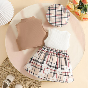 Ensemble d'été pour bébé <span class=keywords><strong>fille</strong></span> de 0 à 3 <span class=keywords><strong>ans</strong></span> : <span class=keywords><strong>Manteau</strong></span> sans manches à col montant simple boutonnage en laine peignée + Robe-veste à carreaux côtelés et chapeau - Product Image 5