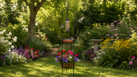 Station d'alimentation pour oiseaux de grande taille avec abreuvoir, mangeoire à graines tubulaire, plateaux multi-niveaux, poteau métallique arqué, support de jardin pour oiseaux sauvages