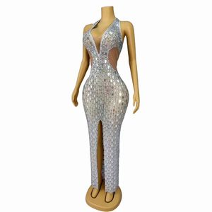 セクシーなラインストーングリッターバースデーページェントドレスボールガウン女性ハイスリットクラブバンケットロングドレスパーティーウェアウエディングイブニングドレス - Product Image 2