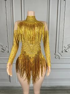 Combinaison de <span class=keywords><strong>danse</strong></span> sexy décontractée pour femmes, tenue de scène d'été, respirante, <span class=keywords><strong>avec</strong></span> strass, paillettes, franges, coupe ajustée au genou, pour chanteuse - Product Image 2