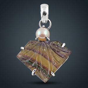 Pendentif géométrique en agate Art Palace avec perle d'imitation, plaqué argent, style vintage, charme unisexe, certifié par une tierce partie - Product Image 2