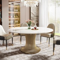 Table à manger ronde moderne de luxe en marbre fait main avec plateau en laiton doré et acier inoxydable, ensemble de meubles de salle à manger pour 6 personnes