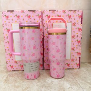 Bouteille d'eau isotherme en acier inoxydable de 40 oz avec poignée, style fleur, pour vente en gros – Gobelet extérieur avec paille - Product Image 1