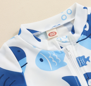 2025ชุดว่ายน้ำเด็กผู้ชายชุดว่ายน้ำชายหาดสำหรับฤดูร้อนชุดว่ายน้ำแขนสั้นมีซิปพิมพ์ลายทะเลน่ารักลำลอง - Product Image 4