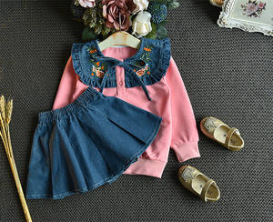Online Shopping Ready Made Fashion Denim Long Sleeve 2 Set Kids Dress for Baby With <b>Bow</b> As New Product - Product Image 3