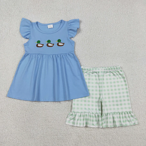Ropa de bebé lista para enviar, con bordado de pato, azul, conjunto de ropa de verano para niñas. - Product Image 2