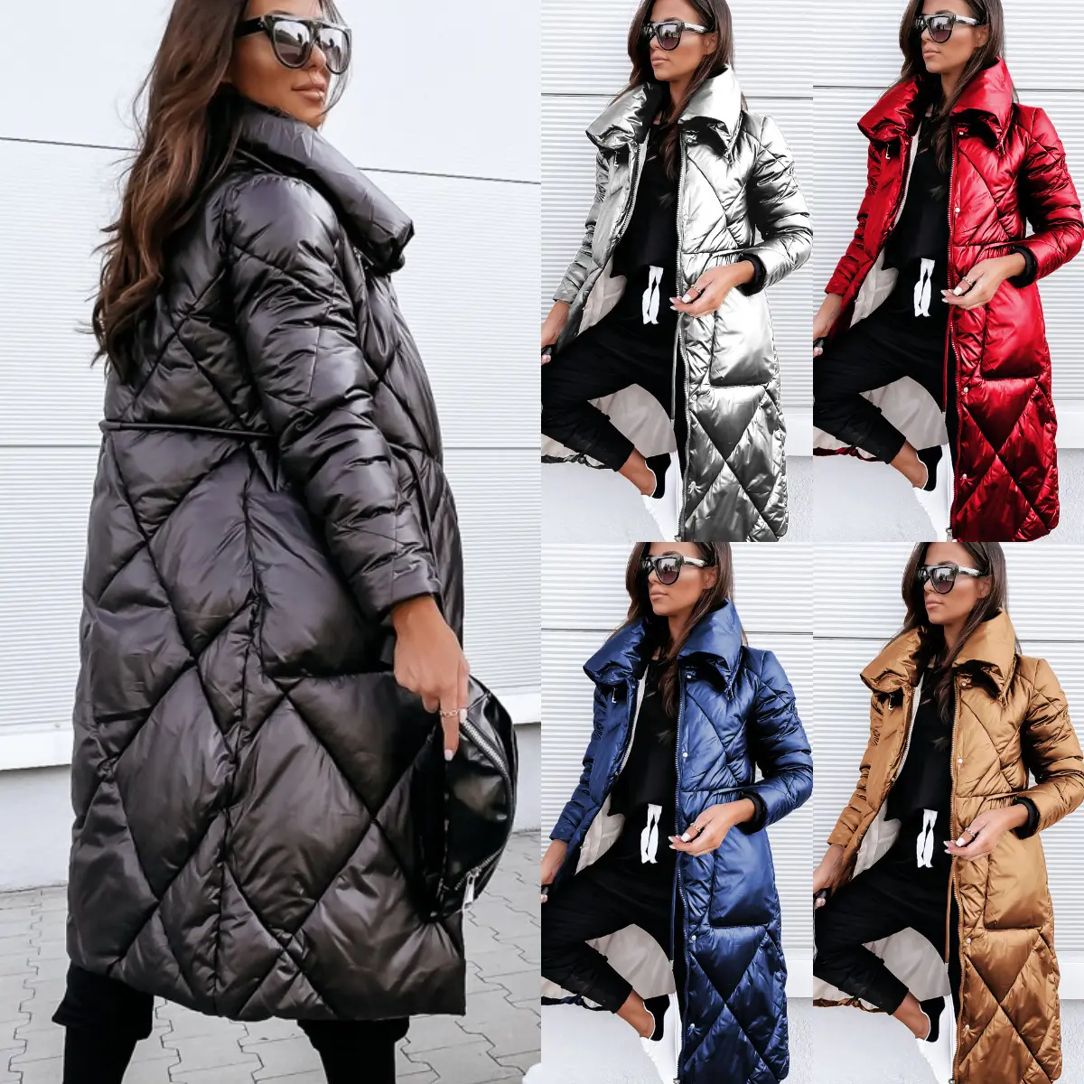 Bóng Parkas Outwear Phụ Nữ Dài Tay Áo Ve Áo Dài Mùa Đông Giữ Ấm Parkas Outwear Dây Kéo Bông Độn Áo Khoác Áo Khoác