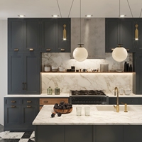 Meubles de cuisine Lesso Home sur mesure en bois gris foncé style Shaker, quincaillerie en laiton, îlot en marbre, étagère ouverte pour la maison