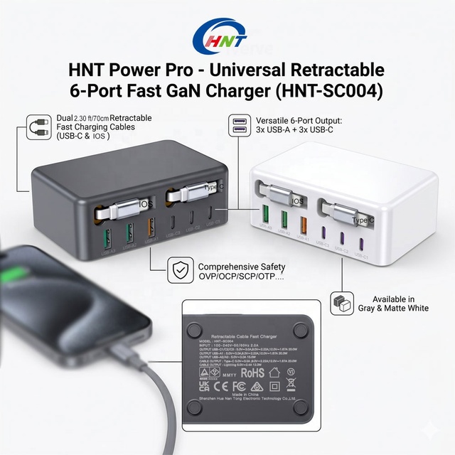 HNT 120W GaN 8 in 1USB Charger Built-in 70cm Retractable Type-C Cable 3A 3C Multi Port Portable Fast Charging for iPhone Android