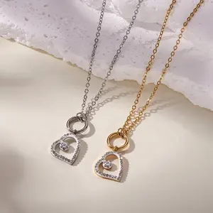 18K chapado en oro de acero inoxidable collar de moda Crystal Loving Cubic Zirconia amor corazón forma joyería