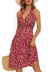 Robe mini polyvalente à imprimé bohème, coupe trapèze, ajustée, taille haute, col en V, sans manches, respirante et lavable - Product Image 3