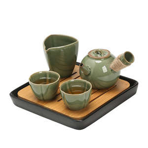 Japanese Retro Side-Handled Teapot 4-Piece <b>Set</b> Bamboo Green Glaze Pottery <b>Tea</b> <b>Set</b> For Home And Guest Use - Product Image 5