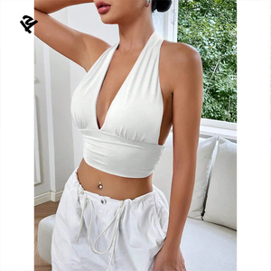 Ladies <strong>White</strong> Deep V Neck Halter Crop <strong>Top</strong> Femme Custom Slim Fit Stretchy Sexy Summer <strong>Backless</strong> <strong>Tops</strong> for Women - Product Image 1