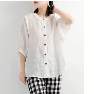 Camiseta de verano para mujer con cuello halter, estilo pagoda, ecológica, transpirable, holgada, vintage, de manga corta, informal, de algodón y cáñamo, lisa y larga. - Product Image 4