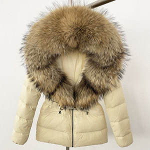 Áo khoác ngắn màu kaki dành cho nữ cỡ lớn lông tơ thật Fox <span class=keywords><strong>Fur</strong></span> Hood Trim mùa đông ấm áp Áo khoác phao có dây rút eo - Product Image 6