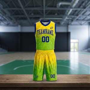 Conjunto de Uniforme de Baloncesto Sublimado Personalizado, 100% Poliéster, Cintura Elástica, Patrón de Mármol Amarillo y Verde, Sin Mangas, Cuello en V, Absorbe la Humedad - Product Image 3