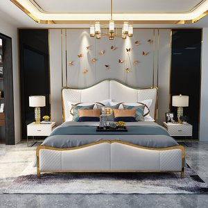 Cama de cuero tapizada de lujo, nuevo diseño, marco dorado, cama tamaño King Queen para el hogar, Hotel, apartamento - Product Image 2