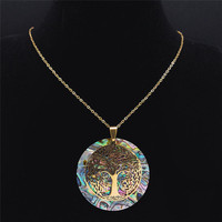 Abalone Shell Collier Arbre Vie En Acier Inoxydable Boho Bijoux Collier Or Naturel Mère Perle Shell Plante Motif pour les Femmes