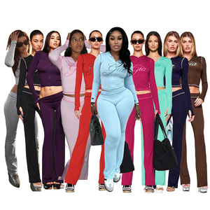 Vendita calda da <span class=keywords><strong>donna</strong></span> Casual collezione autunnale manica lunga tinta unita <span class=keywords><strong>pantaloni</strong></span> da giorno sport Yoga due pezzi Set - Product Image 1