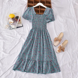Nouvelle Robe d'été style coréen rétro polyvalente à col carré, imprimé floral, taille cintrée, effet amincissant, ourlet à volants, coupe <span class=keywords><strong>Empire</strong></span> et ligne A - Product Image 6
