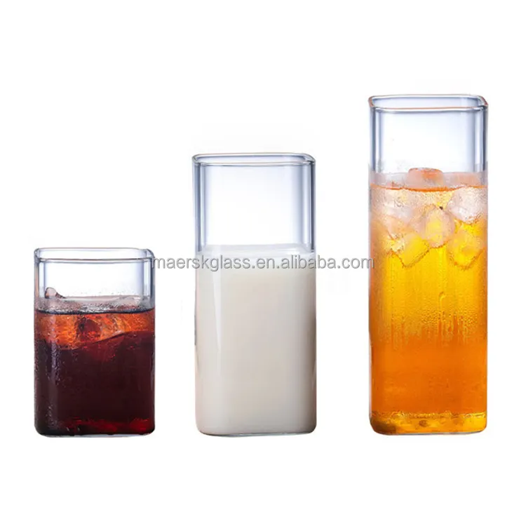 Hoch-Borosilikat-Glas 250 ml 400 ml 500 ml quadratische durchsichtige Gläser Milchgetränk-Wasserbecher Glasbecher