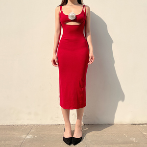 Vestido Rojo Estilo Francés, Dulce y Picante, para Mujer, con Broche de Flor 3D Desmontable, Diseño de Capas Recortadas, Elegante Vestido de Verano - Product Image 6