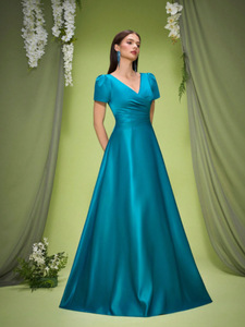 Nuevo Vestido Largo para Mujer, Cuello en V, Cintura Alta, Corte en A, Plisado, Antiarrugas, Color Sólido - Product Image 1