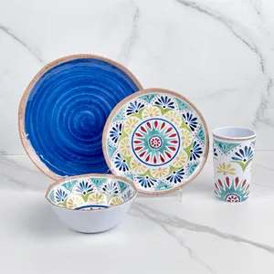 High Quality Melamine Crockery Set Dinnerwares Plastic Dinner Set Blue Plates Dinner Ware