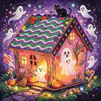 Kit de Peinture Diamant 3D en Bois Maison d'Halloween DIY, Ornement de Bureau Maison Fantôme Chat Noir, Décoration de Fête Effrayante