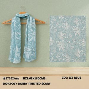 Premium Ice Blue Floral <b>Leaf</b> Print Poly Dobby Scarf Long Shawl for Women Breathable Wrap for Daily Travel - Product Image 1