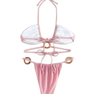 Traje de Baño de Dos Piezas para Mujer, con Tirantes Geométricos Triangulares, Cintura Alta, Recortes, Encaje, Malla Transparente, Ropa Deportiva Sexy Micro - Product Image 3