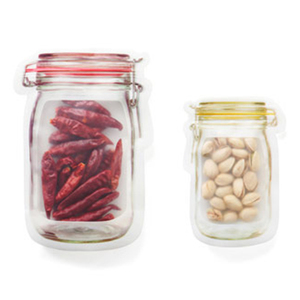 Reusable Plastic Stand up Mason Jar Zipper Bottle Shape Food Bag Snack Storage