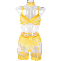 Lingerie jaune pour femmes, fantaisie sensuelle, maille ajourée transparente, costumes exotiques pour femmes, lingerie sexy, ensemble de jarretelles, sous-vêtements pour femmes