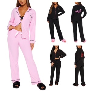 OEM Custom Printing V-Neck Solid Color Long-Sleeved Long Pants Woven <strong>Thermal</strong> Summer Pajamas Women's Sleepwear Two-piece Set - Product Image 1