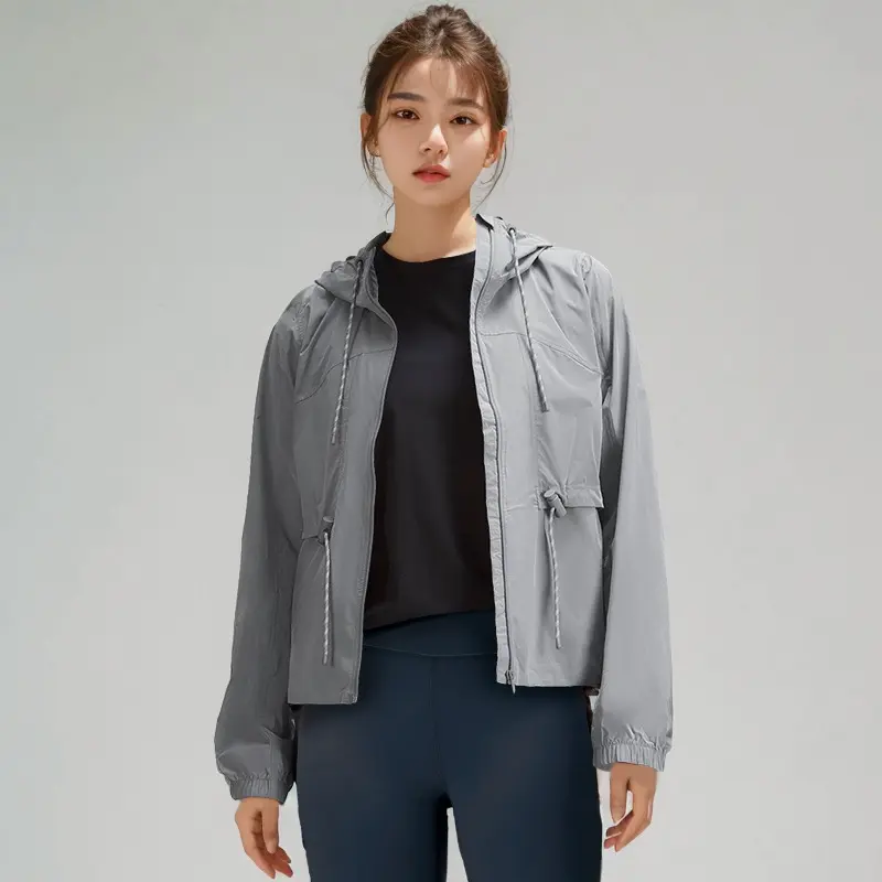 Drawstring Women's Sports Jacket With Hooded Summer Light Sun Protection Soft Fitness Breathable Sun-Resistant Clothing