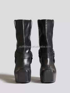 スクエアトゥユニセックス女性用プラットフォームブロックヒールミッドカーフグレインレザーブーツブラック高級13ブラックシドヒールハーネスアンクルブーツ - Product Image 3