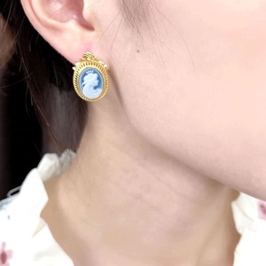 Boucles d'oreilles clous Heizun rétro en <span class=keywords><strong>argent</strong></span> sterling 925 plaqué or 18 carats avec serti clos, forme ovale, pierre bleue, agate et <span class=keywords><strong>camée</strong></span> pour femme - Product Image 6