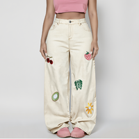 Plus Size High Waist 300GSM Zuiver Katoen Ademend Gewassen Wijde Pijpen Dames Jeans, Bloemen & Fruit Borduurwerk Losse Casual Veelzijdige