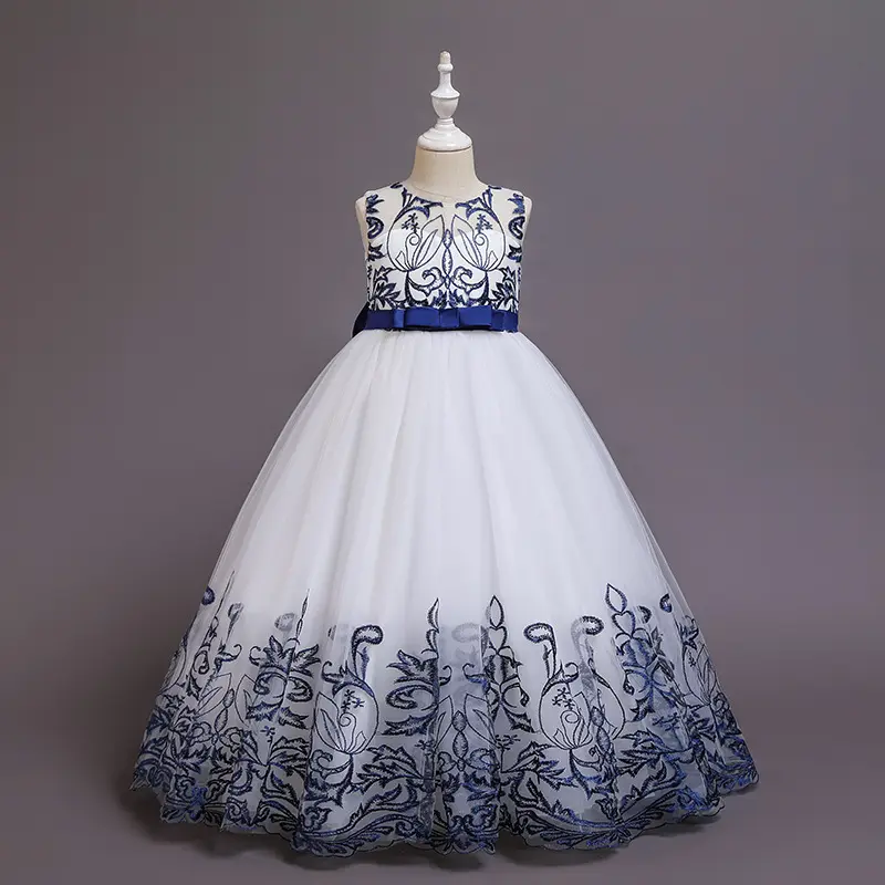 花の白と青、刺Embroideredボールガウンウェア最新のノースリーブシルクバタフライベルト子供女の子プリティプリンセスドレス/