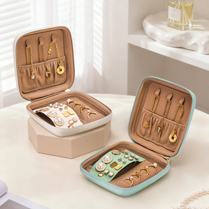 Custom Logo Leather Jewelry Box with Zipper Closure Portable Travel Jewelry Case Organizer for Necklaces Earrings <strong>Rings</strong> <strong>Storage</strong> - Product Image 1