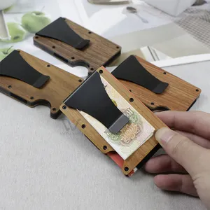 Billetera minimalista personalizada con Clip para dinero, billetera de madera RFID, tarjetero de crédito