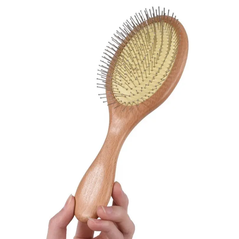 Natural Wood Hair Brush Paddle Pointed Handle Teeth Human Massage Hair Brush Black Cushion Steel needle comb