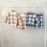 Ensemble de vêtements pour bébé en tricot à carreaux d'automne-hiver, pull décontracté neutre pour garçons et filles, pantalon, 2 pièces